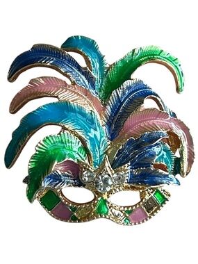 Mardi Gras..Colorful Feather Masquerade Mask Brooch